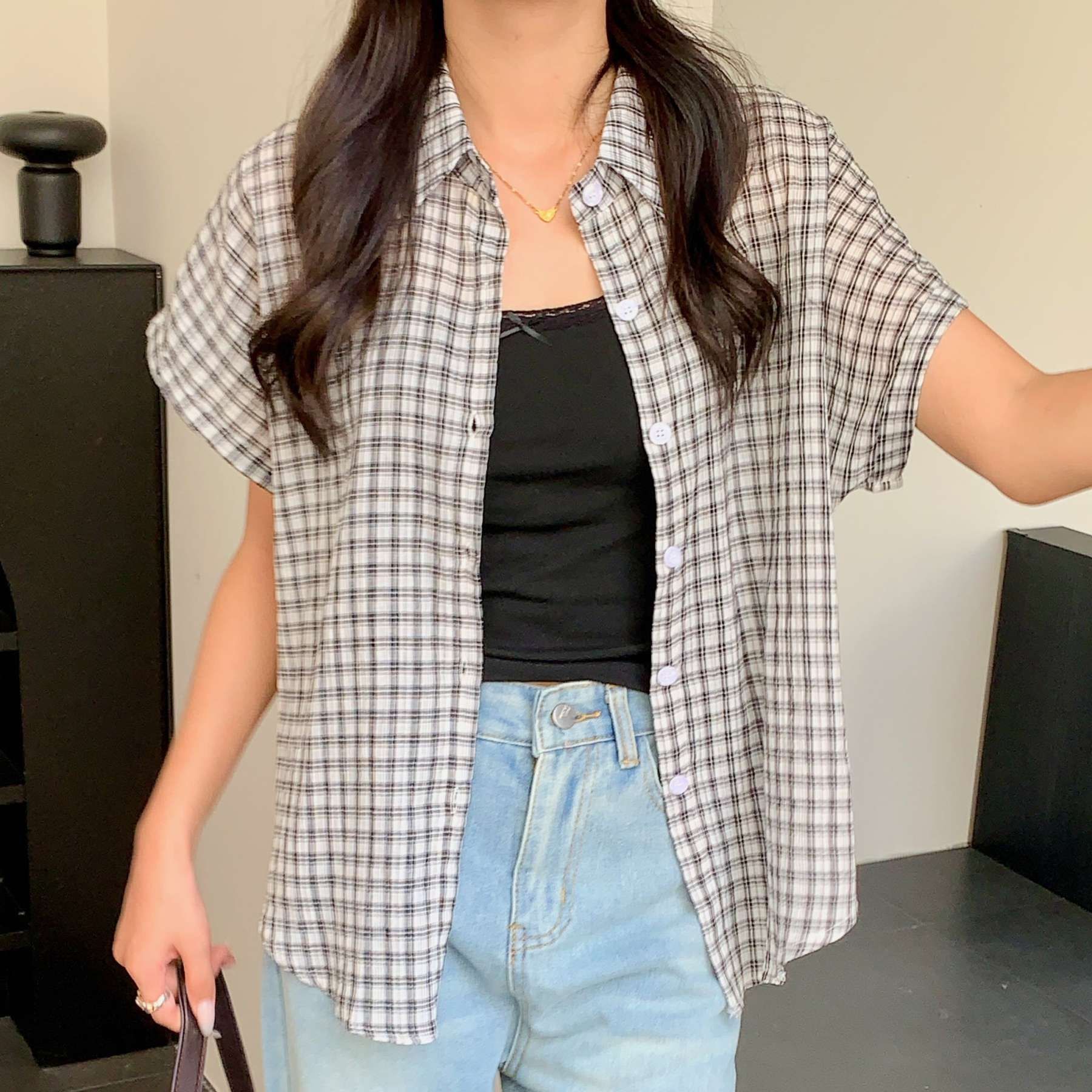 Casual Retro Plaid Blouse 复古风短袖格子衬衫*2 Colors