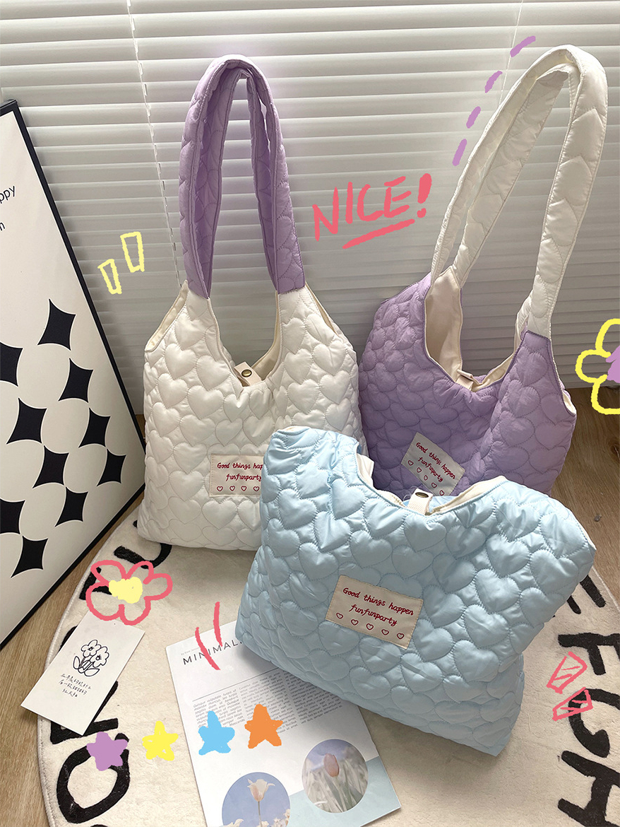 Creamy Quilted Heart Design Canvas Bag 奶油风爱心绗缝大容量学生包*3Colors