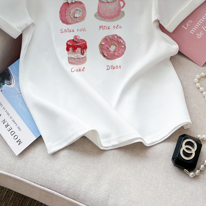 First Real Shot High Quality Combed Cotton ~ Procurement Service of Korean Products Style Younger Oil Painting Letter Short Sleeve T-shirt Women's Cotton Shoulder Top