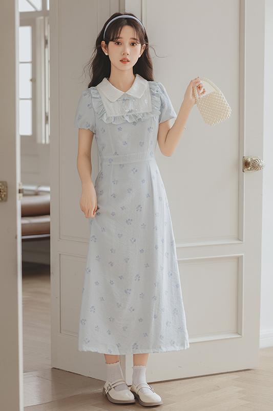 Vintage Bow Short Sleeve Dress Women's Summer Design Sense Niche Commuter College Style Dress Women 50