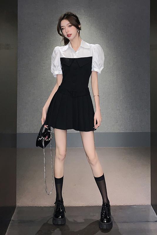 Classic Pleated Faux Layer Blazer Skirt 复古拼接假两件百褶西装裙