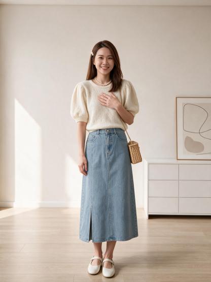 LINEA Washed Denim A-Line Slit Skirt 水洗牛仔开叉A字半身裙*2 Colors