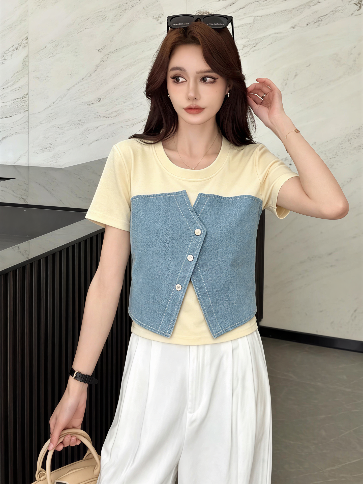 Denim Vest Patchwork T-Shirt 牛仔马甲拼接T恤*4 Colors