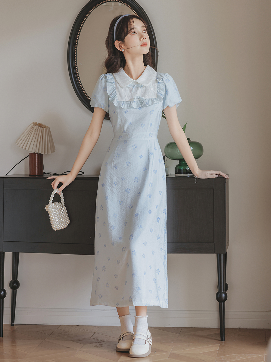 Vintage Bow Short Sleeve Dress Women's Summer Design Sense Niche Commuter College Style Dress Women 50