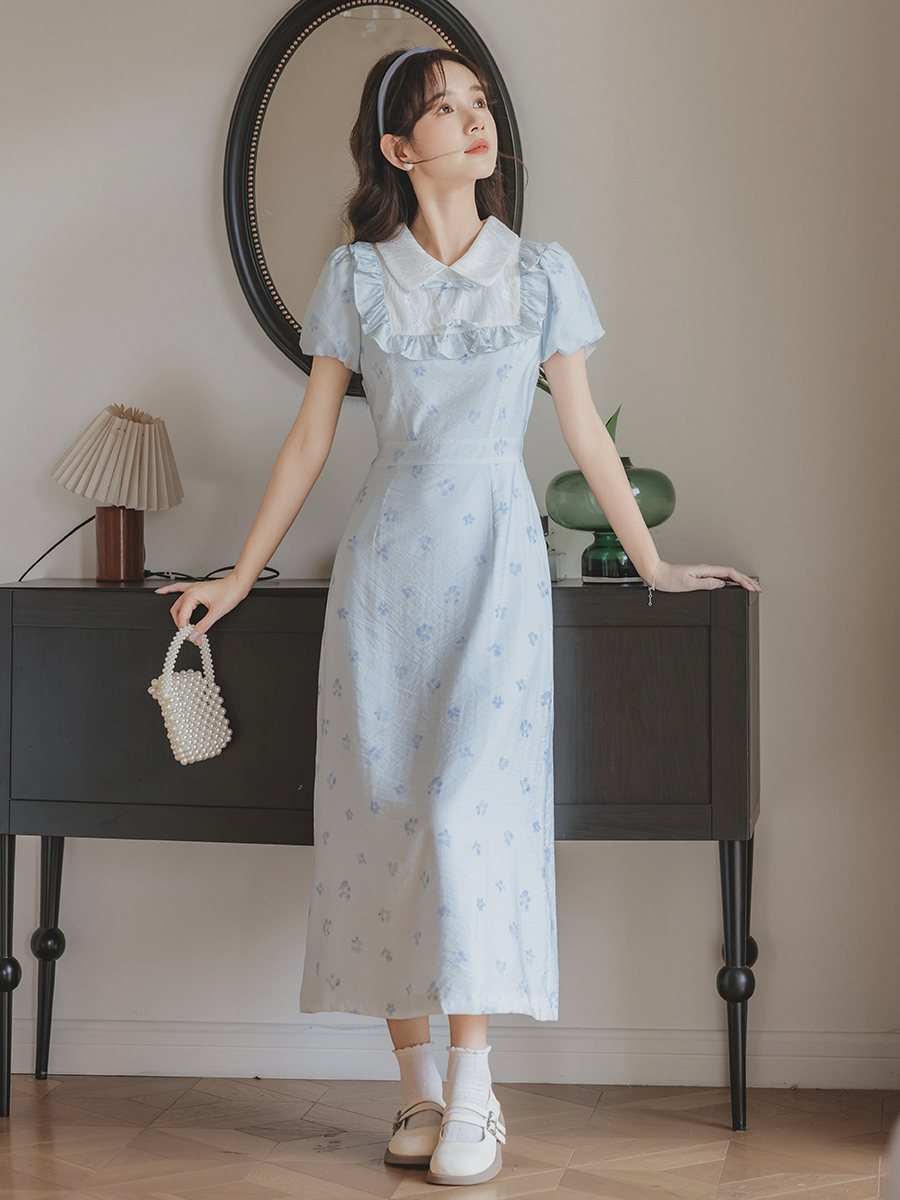 Vintage Bow Short Sleeve Dress Women's Summer Design Sense Niche Commuter College Style Dress Women 50