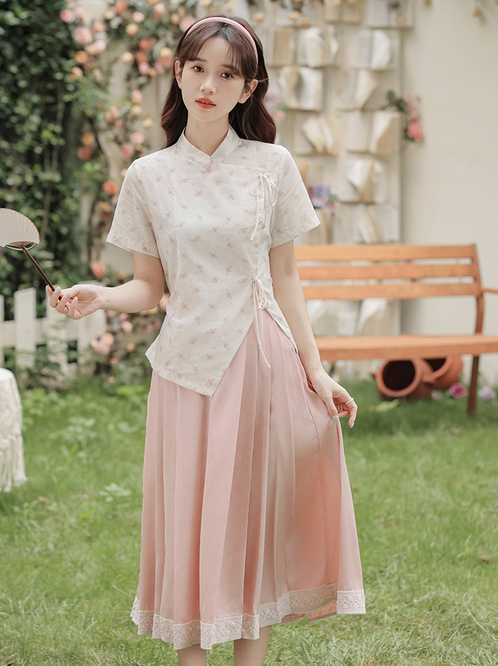 Chinese Style Pink Floral Stand Collar Shirt Tie Top Pink Bamboo Pattern Lace Half Skirt 粉色碎花衬衫+蕾丝半身裙两件套