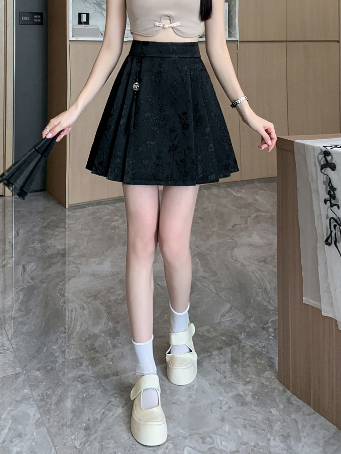 Real Shot New Chinese Style National Style Horse Face Skirt Spring Summer High Waist Slimming A-line Short Skirt Sweet Jacquard Pleated Half Skirt
