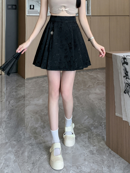 Real Shot New Chinese Style National Style Horse Face Skirt Spring Summer High Waist Slimming A-line Short Skirt Sweet Jacquard Pleated Half Skirt