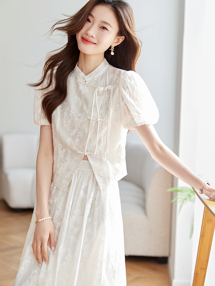 New Chinese Style Set for Women 2025 Summer Stand Collar Jacquard Shirt Top and Skirt Two-Piece Set