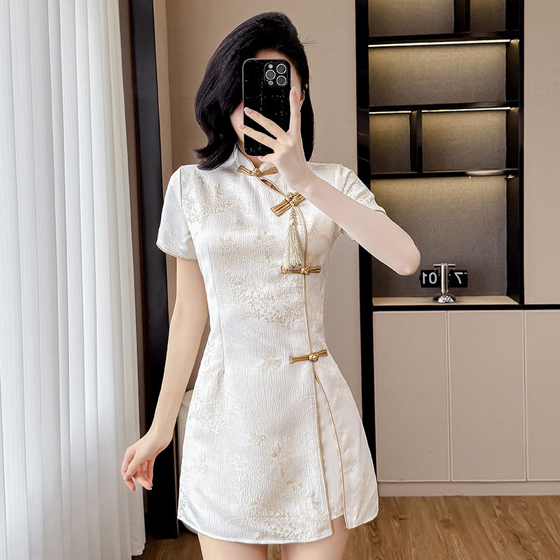 Real Shot Summer Fashion Improved Cheongsam Button New Chinese Style Jacquard Tassel Dress Shorts Two-Piece Set