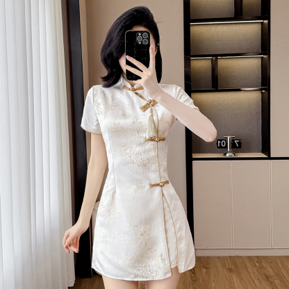 Real Shot Summer Fashion Improved Cheongsam Button New Chinese Style Jacquard Tassel Dress Shorts Two-Piece Set