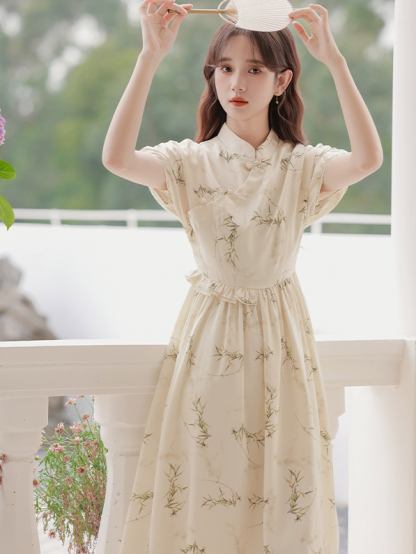 Apricot Tencel Bamboo Leaf Printing New Chinese Style Dress Short Sleeve Waist-Controlled Slimming Dress 40