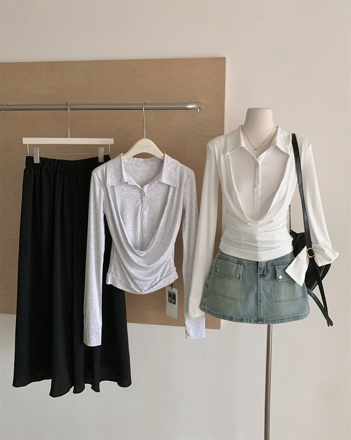 OL假两件修身长袖T恤