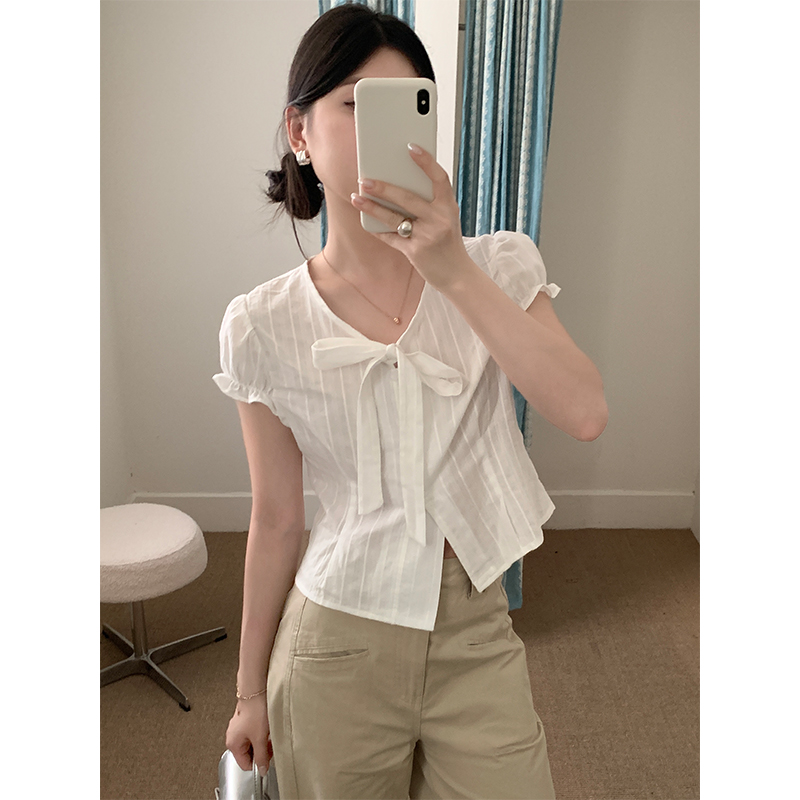  Bow-Tie Puff Sleeve Top 气质系带泡泡袖上衣*2 Colors
