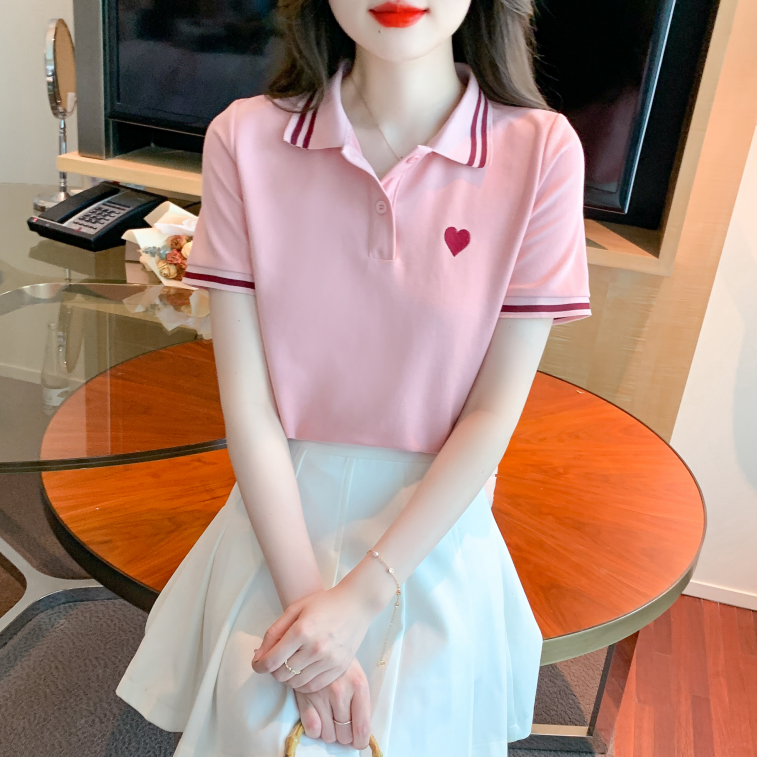Heart Charm Polo Collar T-Shirt 甜美风~POLO领爱心刺绣T恤