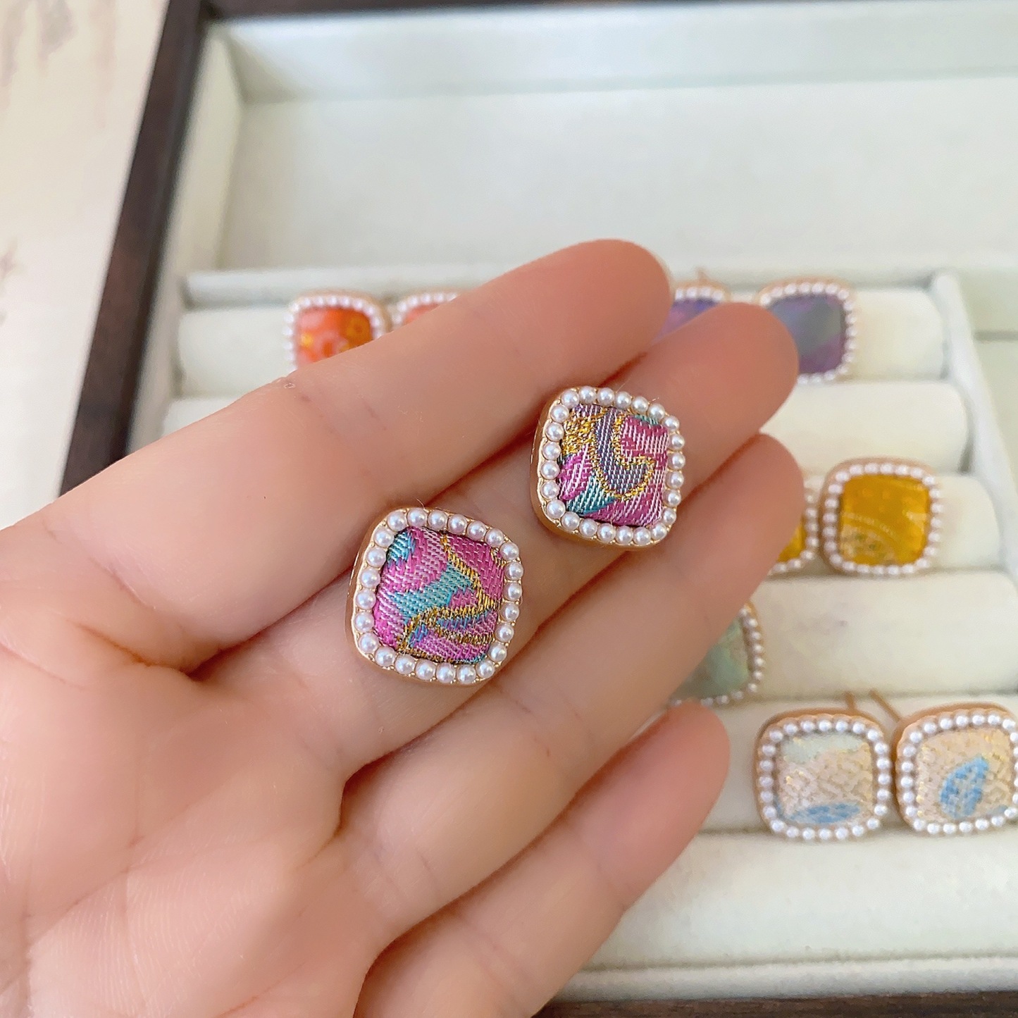 Square Song Brocade Earrings for Women with Pearls, 925 Silver Stud Earrings, Vintage Style Accessories, New Chinese Style Finished Product in Stock