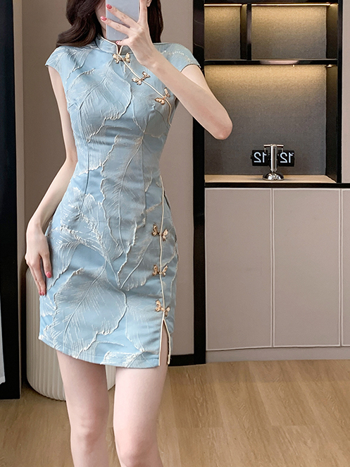 蓝色印花蕾丝中式2件套 High-End New Chinese Style Embossed Jacquard Feather Button Improved Cheongsam Dress