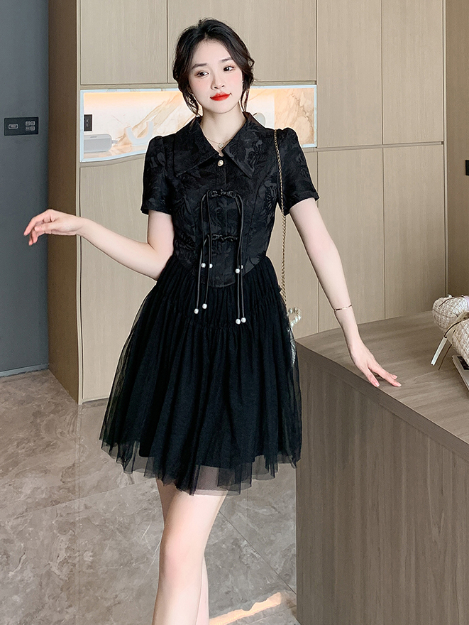 盘扣旗袍连衣裙 Jacquard Patchwork Pearl New Chinese Style Improved Cheongsam Fashion Mesh Puffy Dress