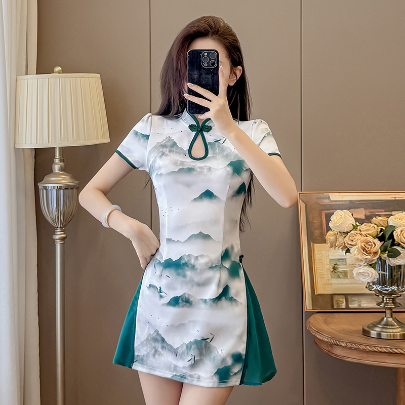 Real Shot New Chinese Style Ink Color Fashion Two-Piece Improved Cheongsam Dress Shorts Set Skirt