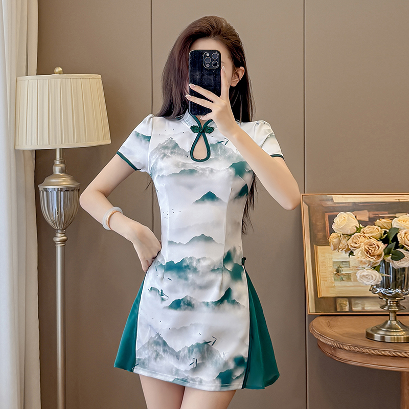 Real Shot New Chinese Style Ink Color Fashion Two-Piece Improved Cheongsam Dress Shorts Set Skirt