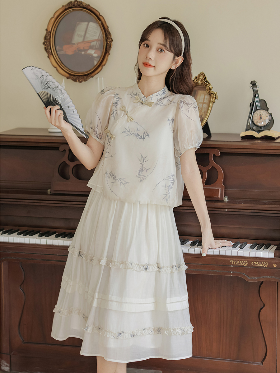 2024 New Women's Bamboo Shadow New Chinese Short-Sleeved Shirt High Waist Skirt Two-Piece Set 40