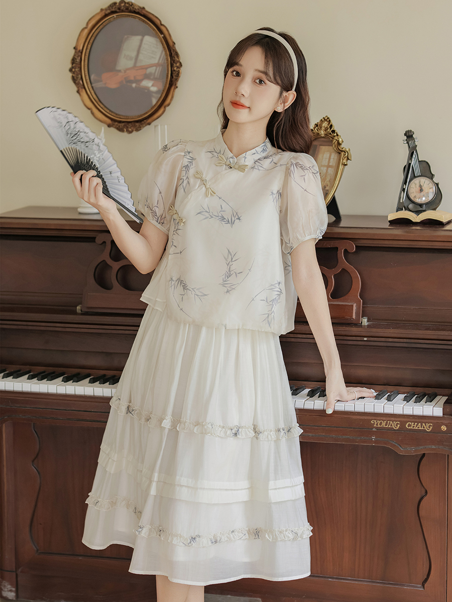 2024 New Women's Bamboo Shadow New Chinese Short-Sleeved Shirt High Waist Skirt Two-Piece Set 40