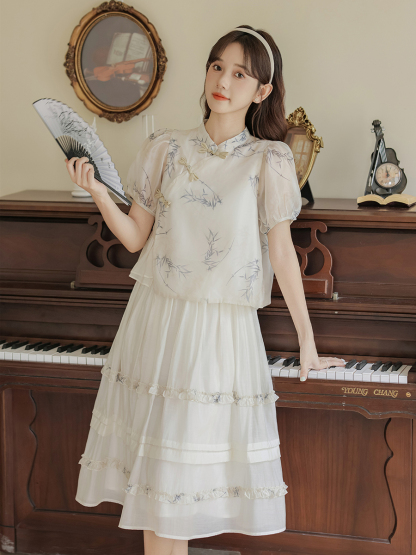 2024 New Women's Bamboo Shadow New Chinese Short-Sleeved Shirt High Waist Skirt Two-Piece Set 40