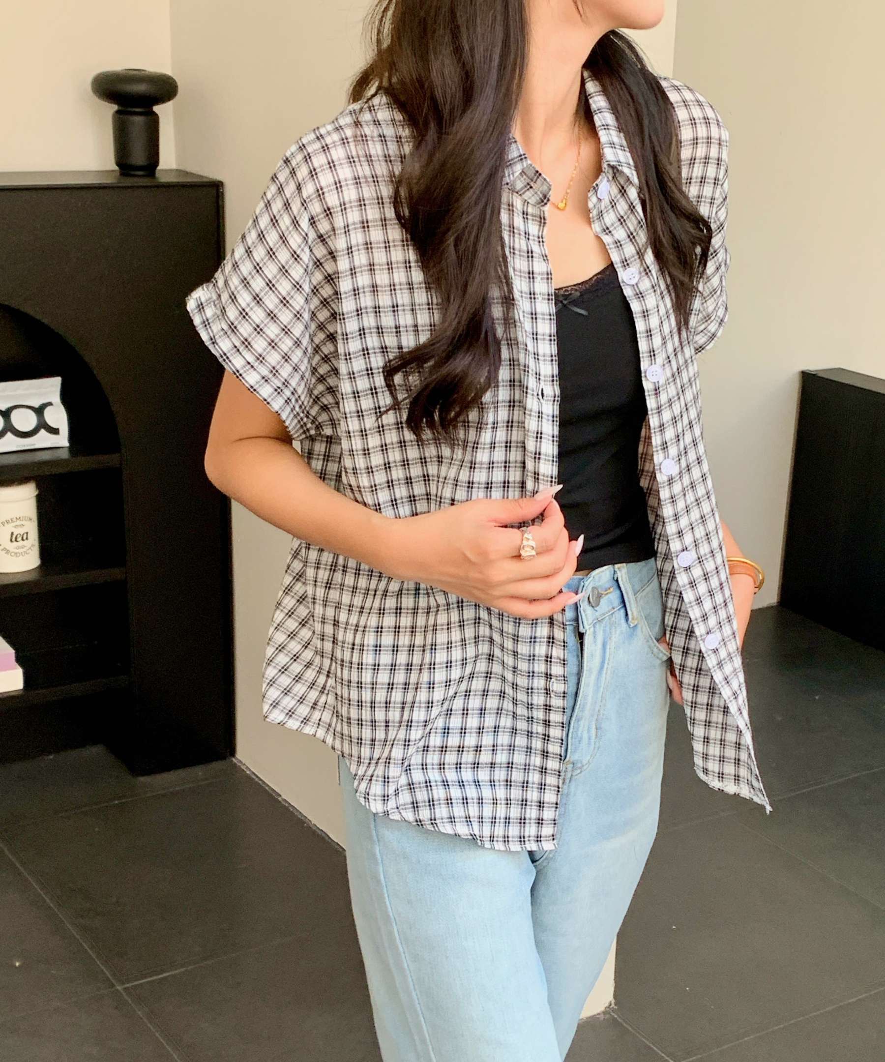 Casual Retro Plaid Blouse 复古风短袖格子衬衫*2 Colors