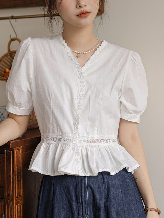 Real Shot French Style Square Neck Elegant Lace Short Sleeve Shirt 2024 Summer Slim Fit Waist Short Blouse Top