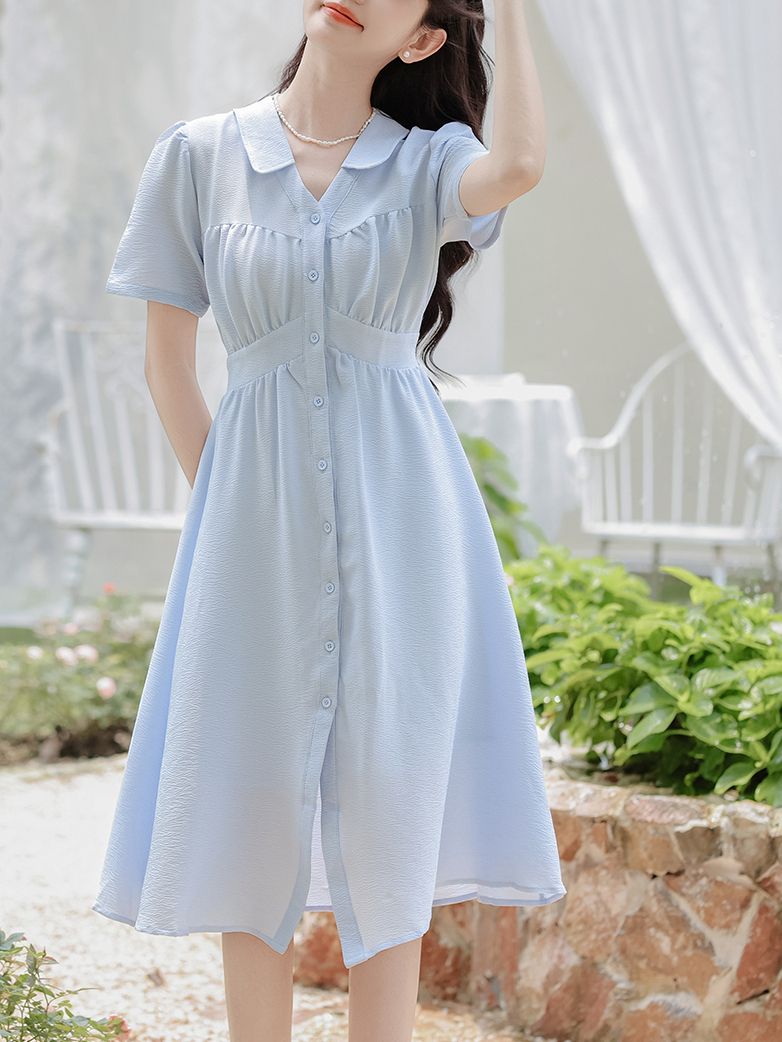 French Retro Blue Short-Sleeved Dress Women's 2024 Summer New V-neck Elegant A- line Midi Dress 40