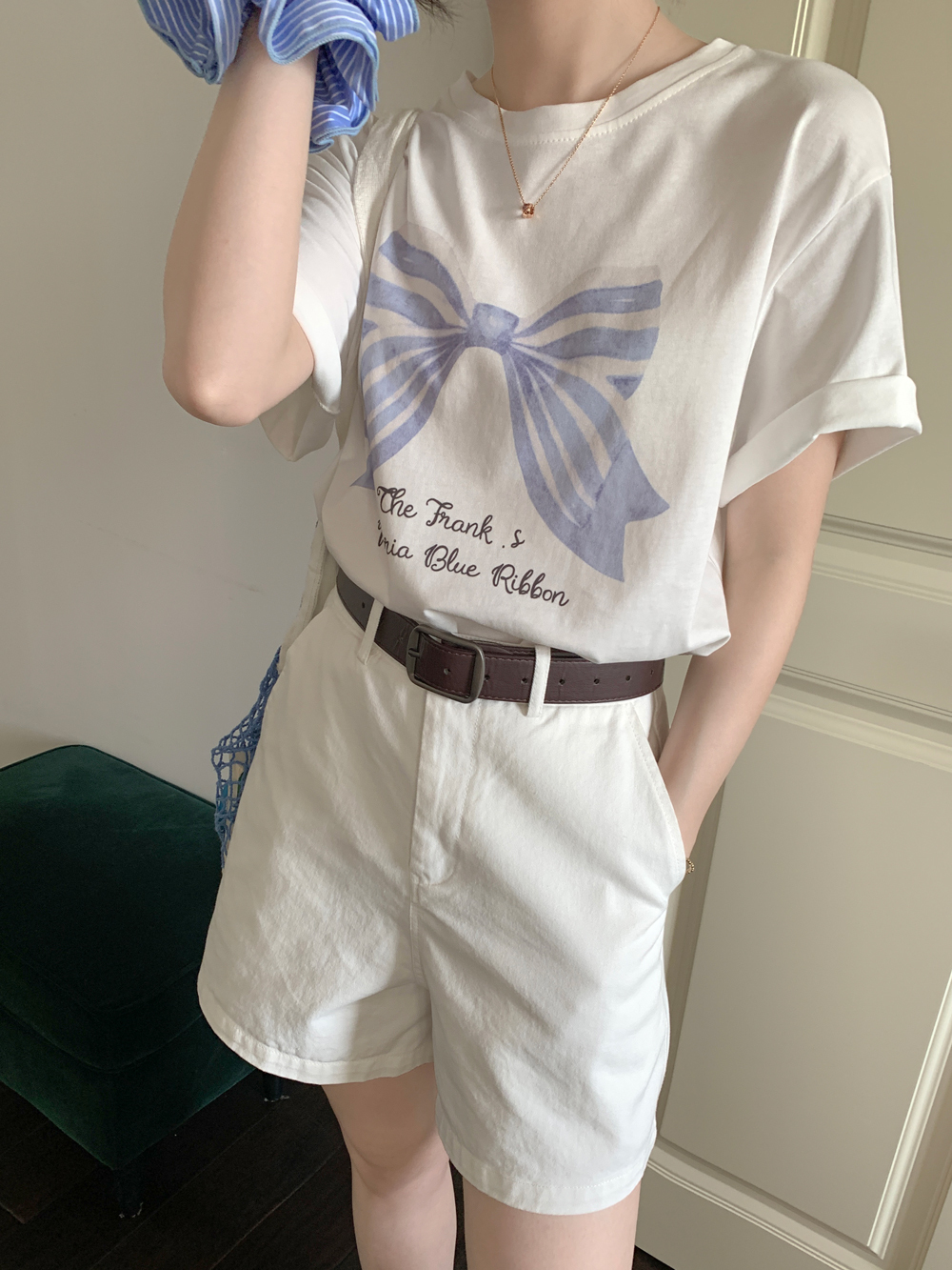 Real Shot Stylish Bowknot Print Casual Loose T-Shirt for Women Summer Retro Versatile Casual Top 2025 New Model