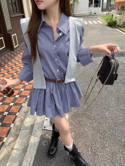 Classic Plaid Shirt Midi Dress 百搭显瘦收腰格子衬衫连身裙~ 配腰带披肩*3 Colors