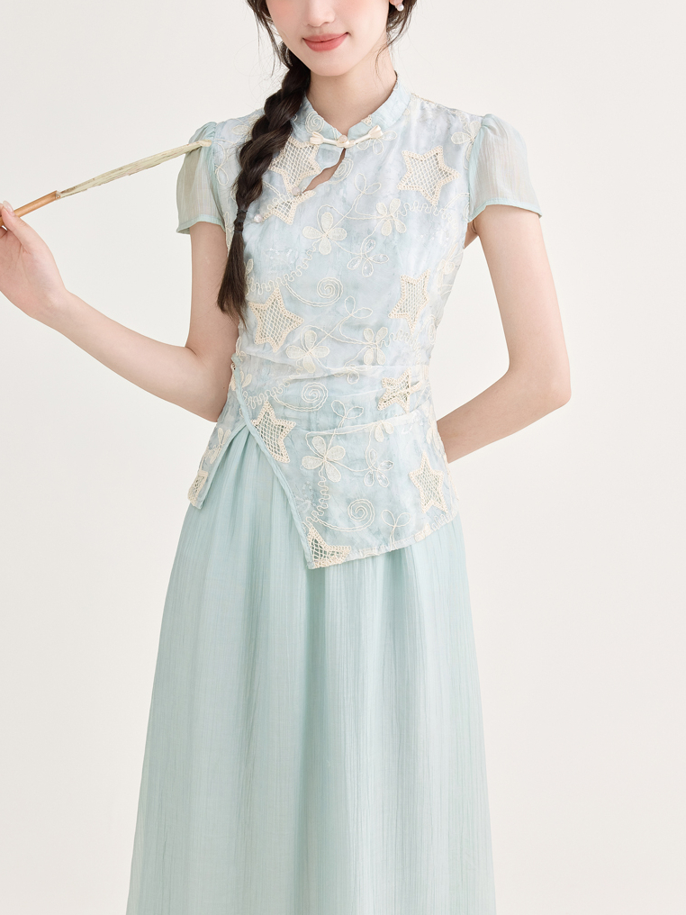 蓝色气质假两件印花连衣裙 Summer New Chinese Style Jacquard Embroidered Qipao Dress Fake Two-Piece Irregular Elegant Dress