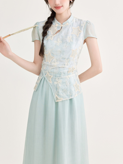 蓝色气质假两件印花连衣裙 Summer New Chinese Style Jacquard Embroidered Qipao Dress Fake Two-Piece Irregular Elegant Dress
