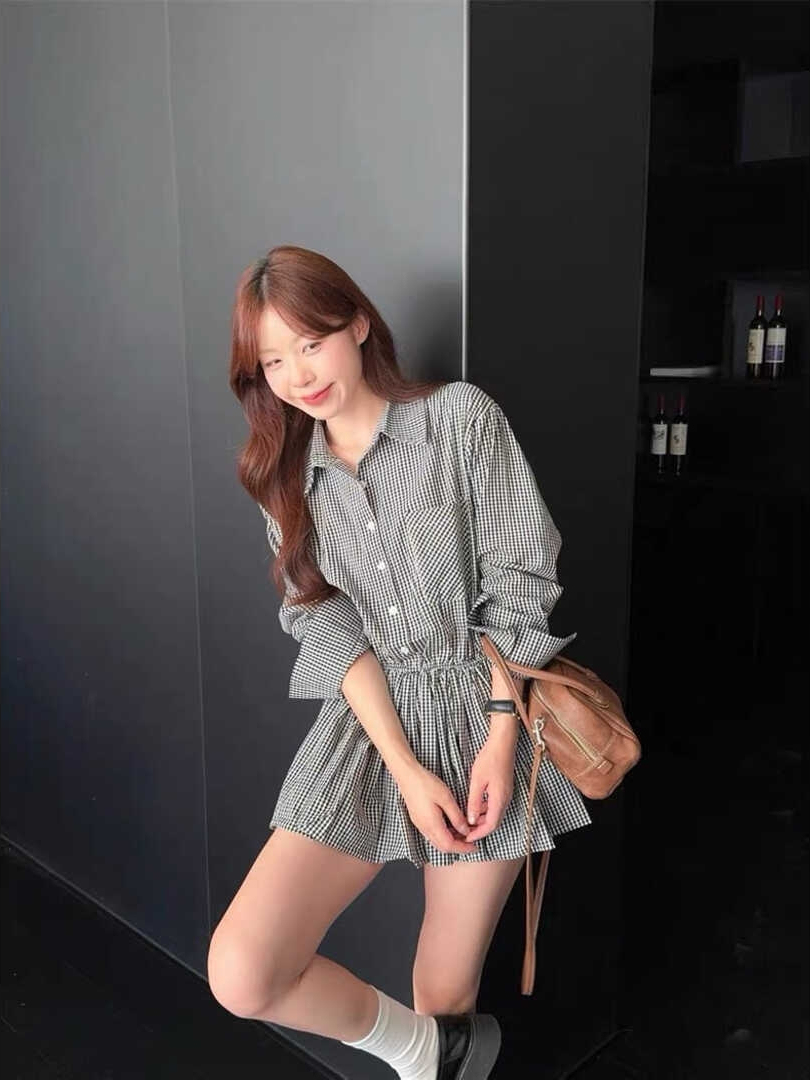 Classic Plaid Shirt Midi Dress 百搭显瘦收腰格子衬衫连身裙~ 配腰带披肩*3 Colors