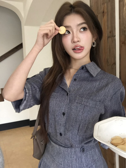 Commuter Faux Denim Shirt Top Women Niche Pleated Short Skirt Two-Piece Set 仿牛仔衬衫+百褶短裙两件套