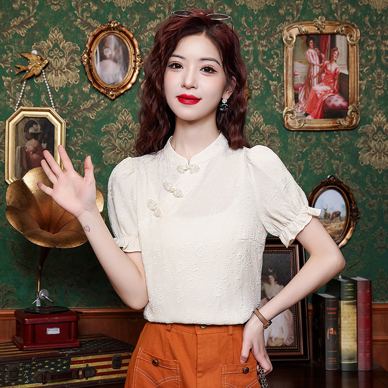 Jacquard Mandarin Collar Blouse 提花盘扣衬衫*2Colors