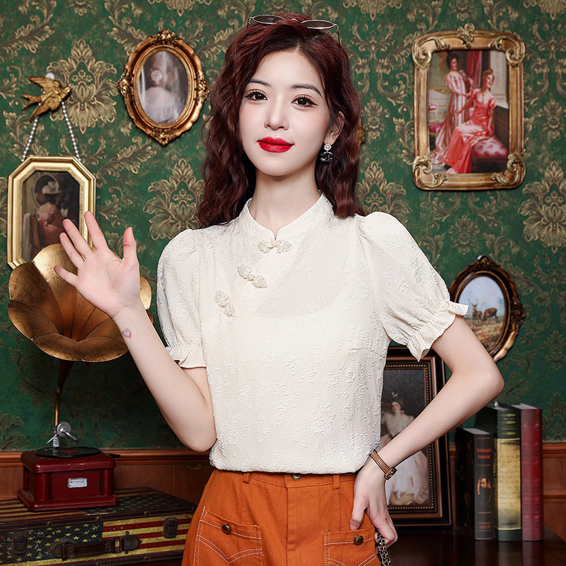 Jacquard Mandarin Collar Blouse 提花盘扣衬衫*2Colors