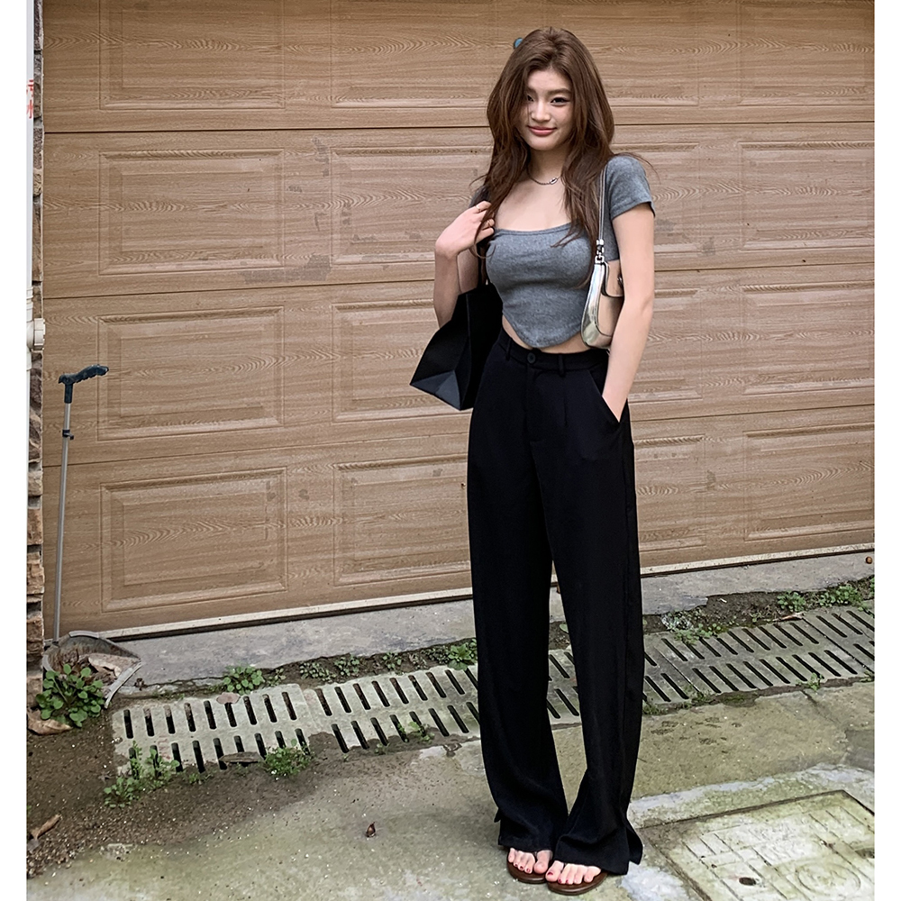 Real Shot 2025 Spring Summer New Versatile Trousers JU Slimming High Waist Loose Straight Pants Casual Pants with Slits Long Pants for Women