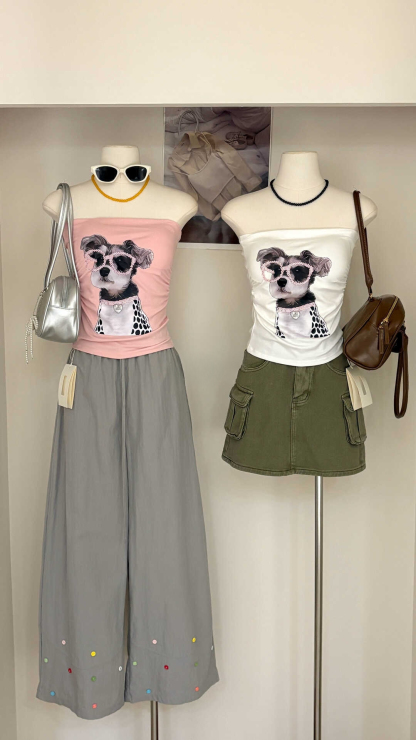 Puppy Print Tube Top Vest 小狗印花抹胸背心 自带胸垫*4 Colors
