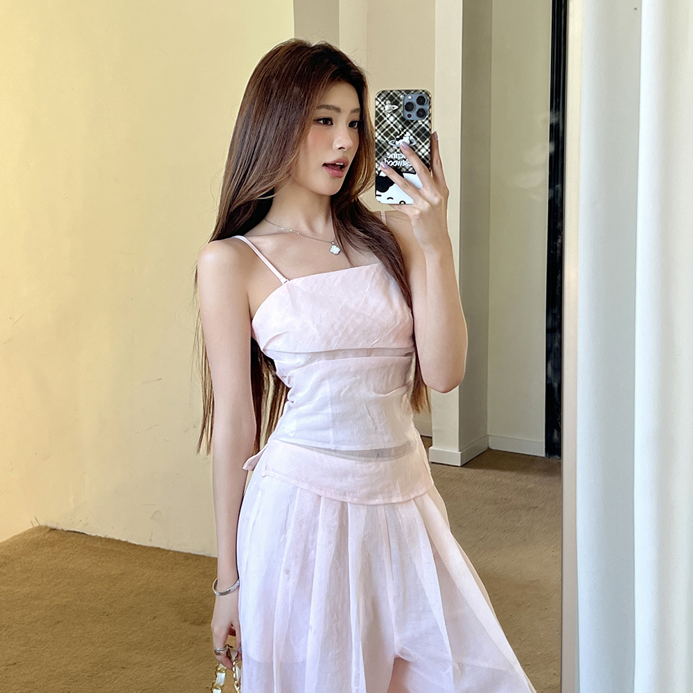 RINA Strapless Top & Wide Leg Pants Set 慵懒纯欲粉色抹胸上衣+休闲阔腿裤两件套