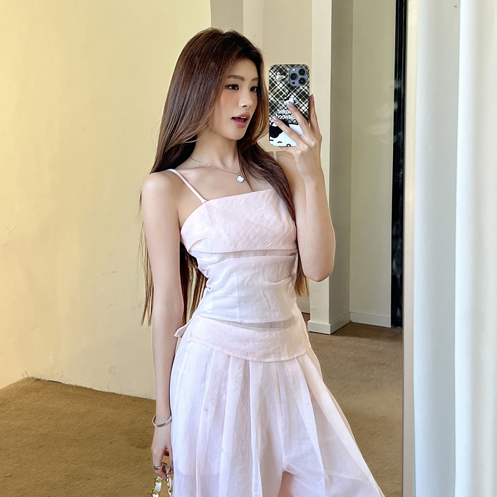 RINA Strapless Top & Wide Leg Pants Set 慵懒纯欲粉色抹胸上衣+休闲阔腿裤两件套