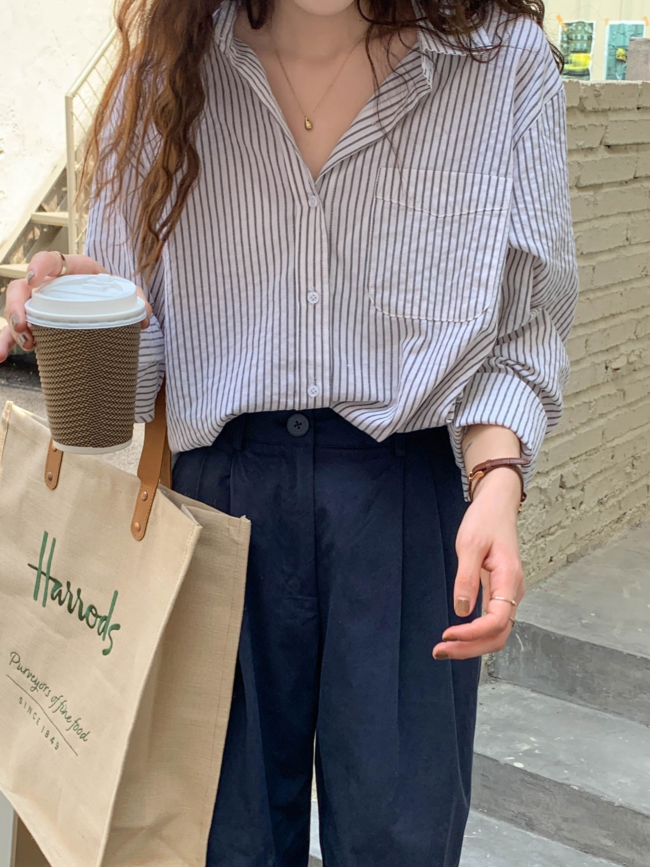 Casual Striped Long-Sleeve Blouse 治愈系女孩~经典条纹宽松长袖衬衫*3Colors