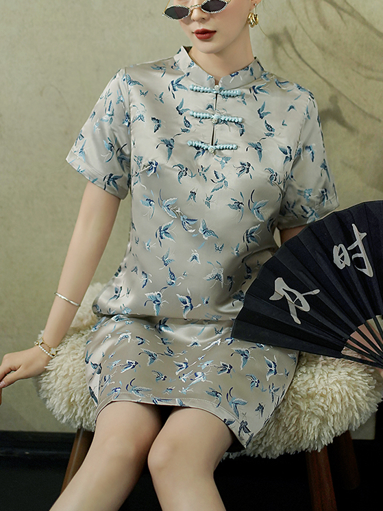 National Style New Chinese Style Light Luxury Elegant Printed Improved Cheongsam Loose Fit Slimming Jacquard Texture Plus Size Dress