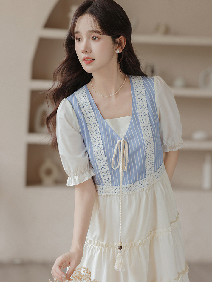 Artistic Vintage Skirt Women's 2024 Summer New Imitation Denim Striped Stitching Fake Two Pieces Short Sleeve Dress 50