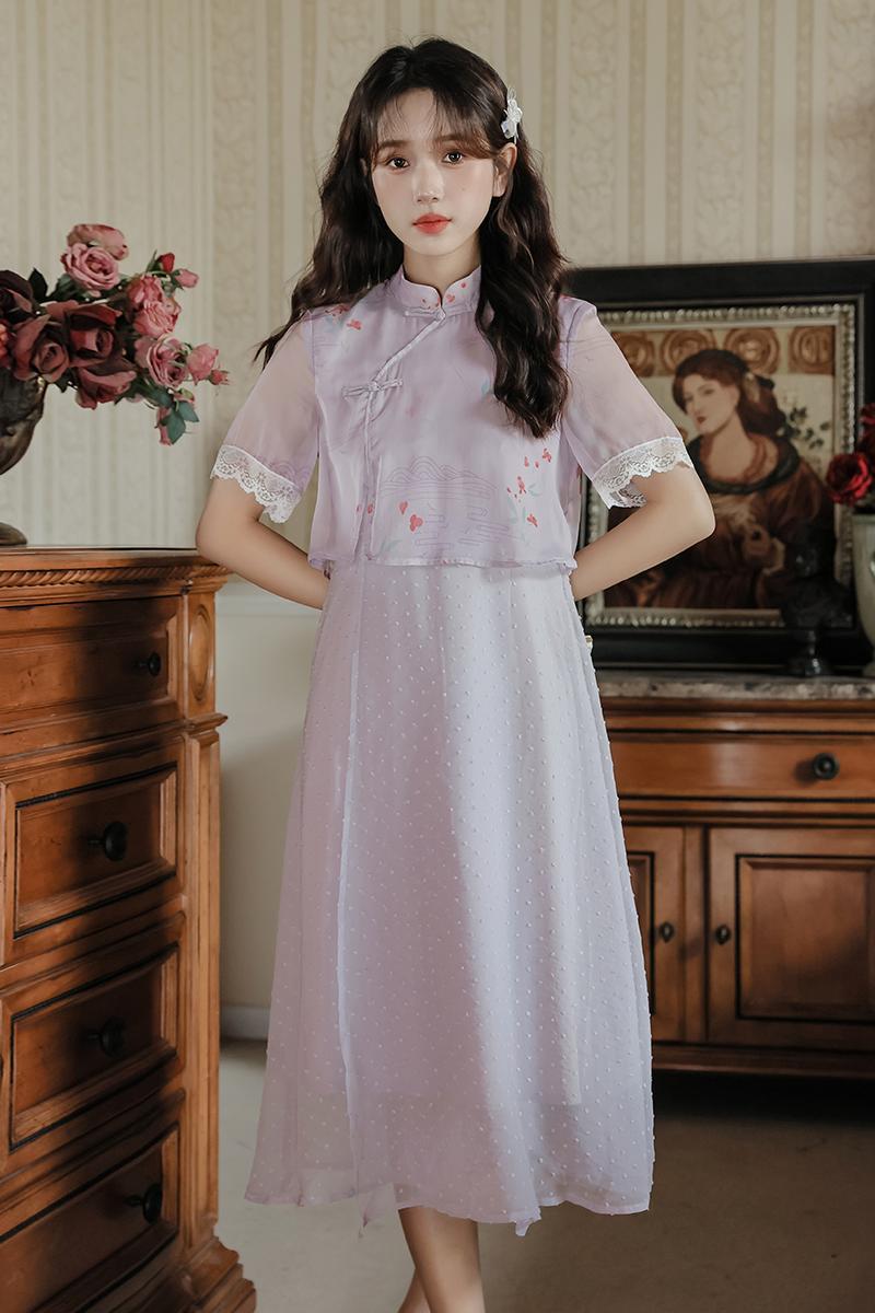 烟紫色古风印花假两件雪纺连衣裙  Lavender Floral Chiffon Layered Dress