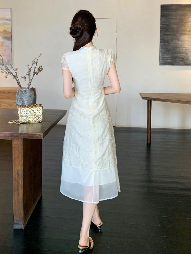 蓝色印花蕾丝中式2件套 New Chinese Style National Style Cheongsam Embroidered Waist Slimming Elegant Girl Dress