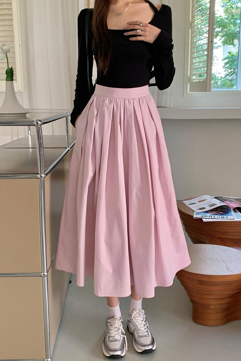 Real Shot 2023 Summer New Sweet Pink Large Swing A- line Pleated Dress for Women Skirt