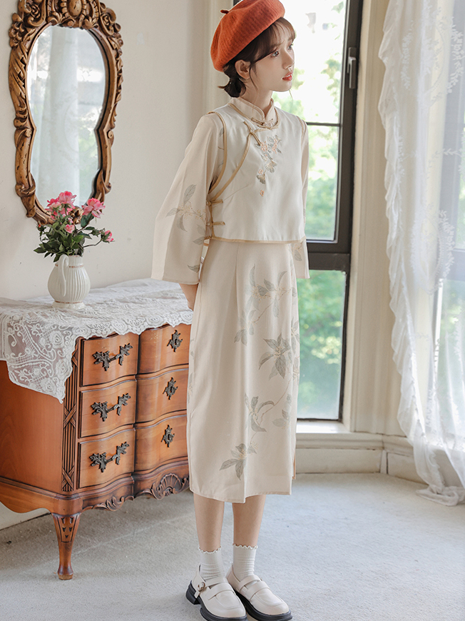 Republic of China Style New Retro Improved Slim-Fitting Slimming Cheongsam Skirt Embroidered Vest Cheongsam Suit Women's Limited Price 50