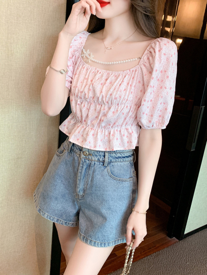 Real Shot ~ in Stock 2023 Summer New Design Sense Waist Trimming Short Floral Top French Square Collar Puff Sleeve Women